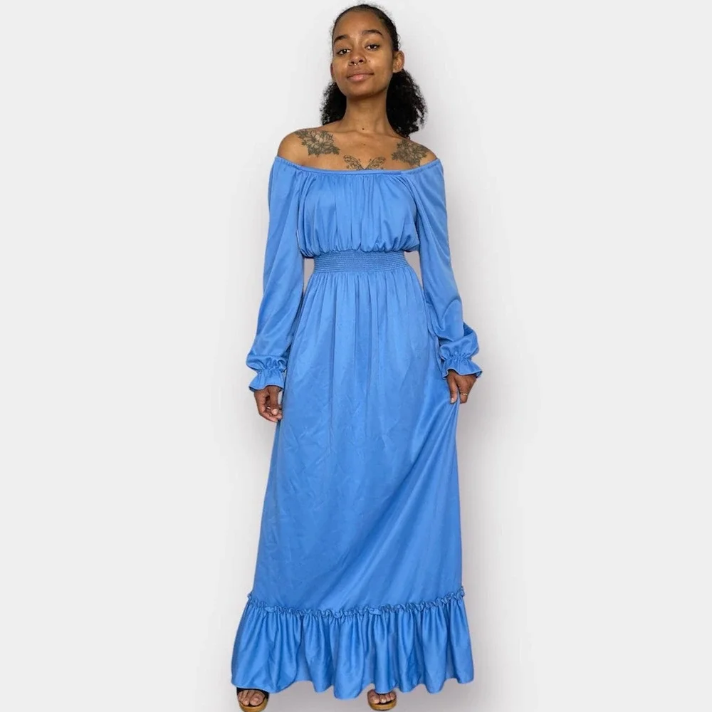 70s Blue Long Sleeve Maxi Dress - Picture 1 of 5